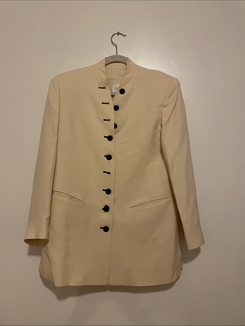 Dana Buchman Cream Long Blazer with Black Contrast Buttons